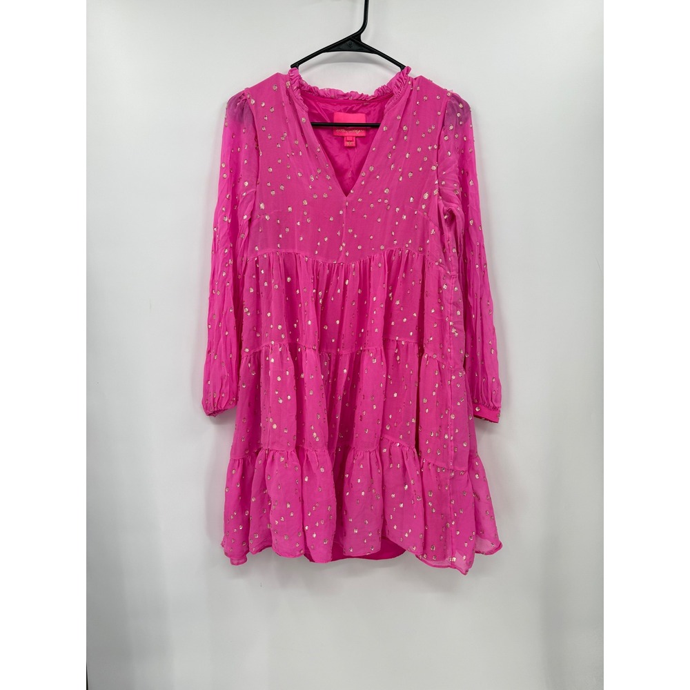 Lilly Pulitzer 2 Silk‎ Tiered Mini Dress Womens Pink Gold Metallic Fil Coupe Dot